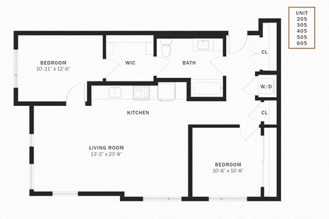 Floor plan for 2 beds, 1 bath, 997 sqft